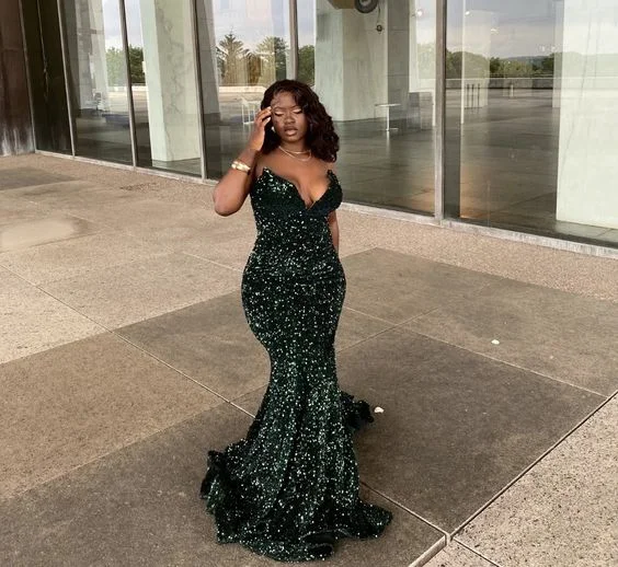 Wedding DressSparkly Mermaid Strapless Dark Green Sequins Long Prom Dresses Y1494