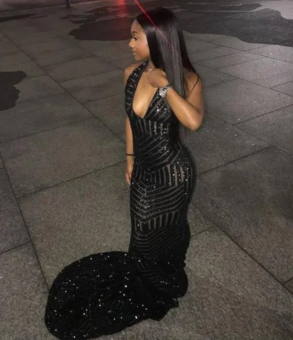 Bell-Sleeve DressMermaid Sequins Black Girl Prom Dresses Y1488