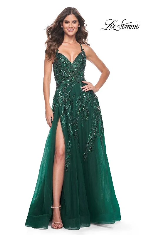 women's business casual dressesLa Femme Long A-Line Sequin-Print Prom Dress 32346