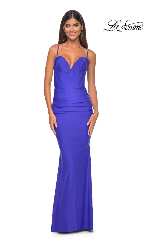 women's spaghetti strap dressesLa Femme Sheer-Back Long Corset Prom Dress 32257