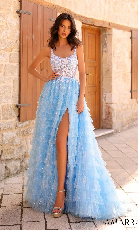 women's custom dressesAmarra Deep V-Back Long Ruffled Prom Dress 88833