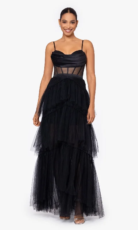 women's one-shoulder dressesSheer-Waist Long Black Tiered Prom Dress A26249