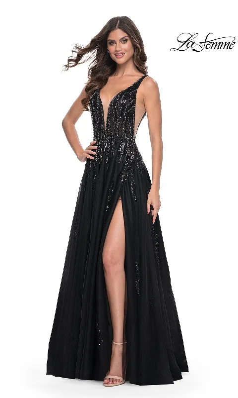 women's maximalist dressesLa Femme Deep V-Neck Long Black Prom Dress 32345