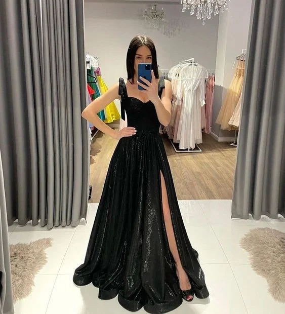 Bridesmaid DressA-line Black Floor Length Prom Dress,Graduation Dress For Teens Y1493