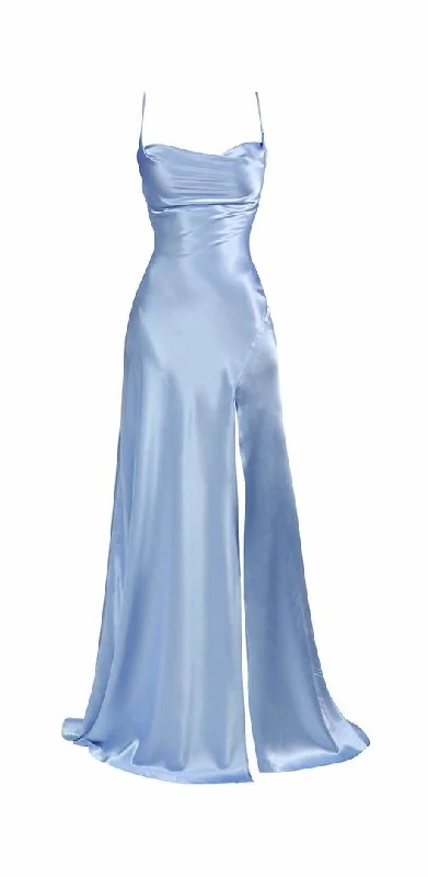 women's long-sleeved dressesElegant Spaghetti Straps Blue Prom Dress,Blue Formal Dress Y1909