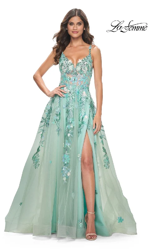 women's curve-hugging dressesLa Femme Sequin-Print Long Green Prom Dress 32347