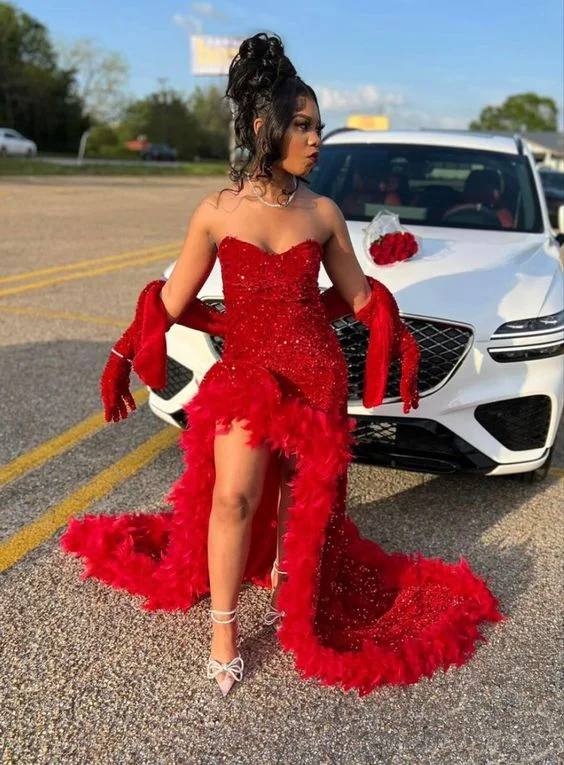 women's cinched-waist dressesRed Long Sequin Evening Mermaid Dress,Sexy Red Prom Dress Y1907