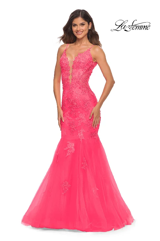 Tea-Length DressLa Femme Neon Pink Long Mermaid Prom Dress