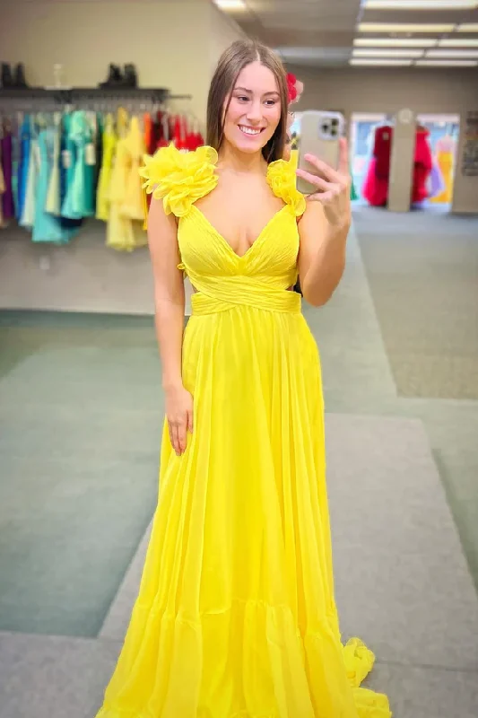 women's spaghetti strap dressesYellow Ruffles Lace-Up Back A-Line Prom Dress Y2002