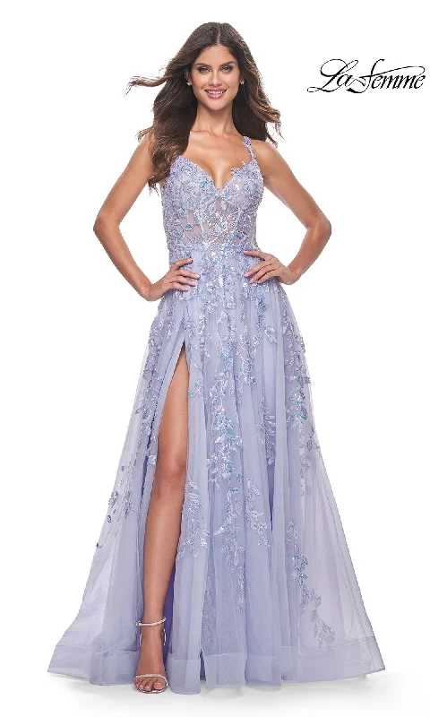 women's flowy dressesLa Femme Long Periwinkle A-Line Prom Dress 32349