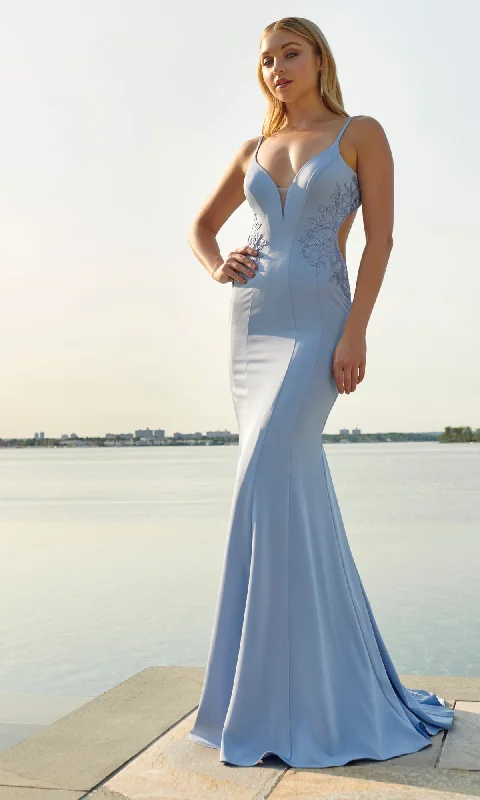 Ruffle DressFaviana Long Satin Prom Dress with Side Cut Outs