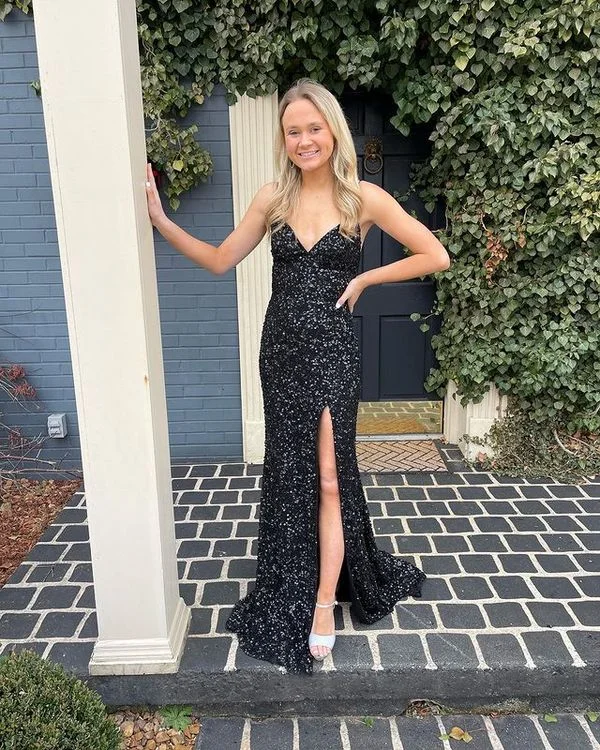 women's limited-edition dressesGlitter Mermaid V Neck Straps Black Sequins Prom Dress with Slit Y1495 women's limited-edition dressesGlitter Mermaid V Neck Straps Black Sequins Prom Dress with Slit Y1495