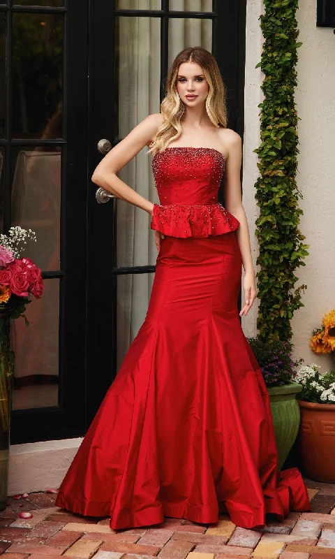 women's bell-sleeved dressesStrapless Peplum Prom Dress: Ava Presley 40092