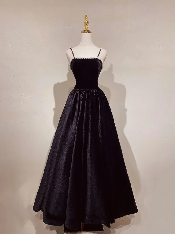 Cheetah Print DressA-line Black Velvet Long Prom Dress, Black Formal Graduation With Pearls Y2033
