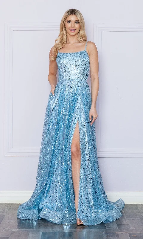 women's cinched-waist dressesLong Sequin A-Line Prom Dress with Pockets 9290