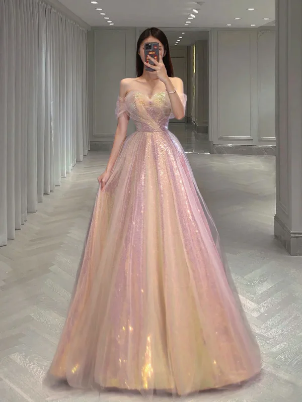 Wrap DressA Line Tulle Sequin Long Prom Dress, Off Shoulder Formal Graduation Dress Y1491