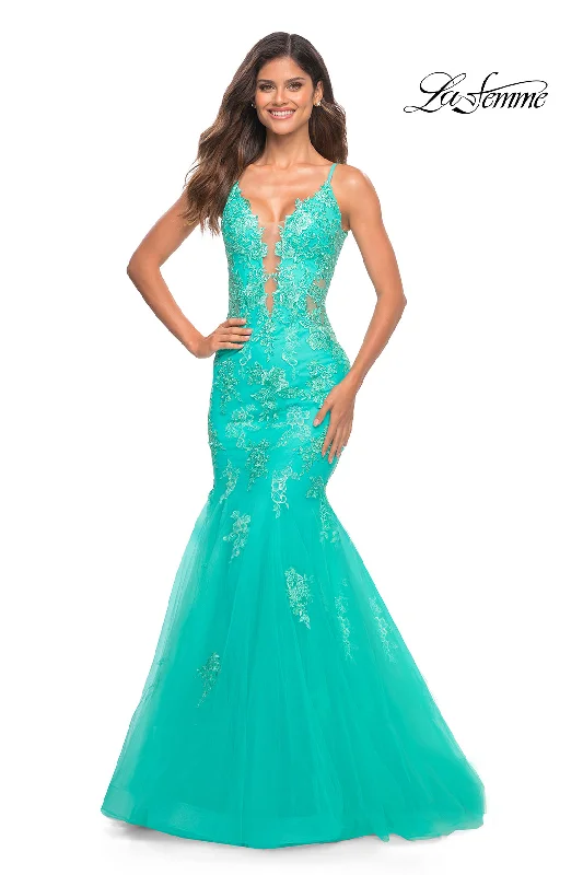 Ball Gown DressLa Femme Aqua Blue Long Lace Mermaid Prom Dress