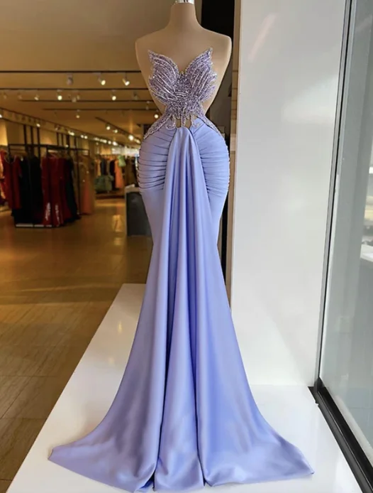 women's beach dresseslight purple prom dresses, beaded prom dresses, crystal prom dresses, sweetheart neck prom dresses, satin prom dresses Y1510