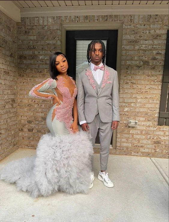 women's empire-line dressesGrey Mermaid Prom Dress with Pink Appliques,Chic Grey Formal Dress Y1906