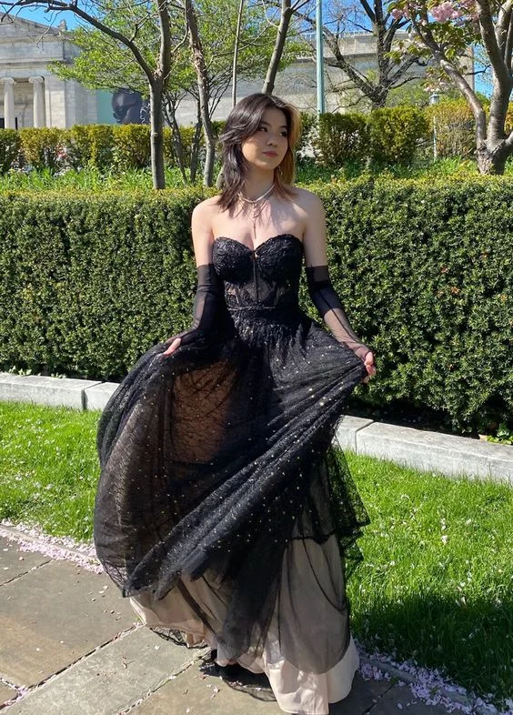 Velvet Dressstrapless black sparkly layered prom dress,chic black prom gown Y1486