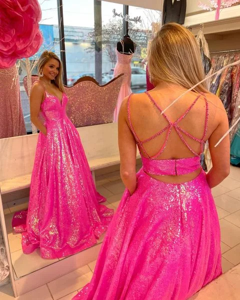 Jersey DressSparkly Ball Gown V Neck Hot Pink Sequins Long Prom Dress with Beading Y1483