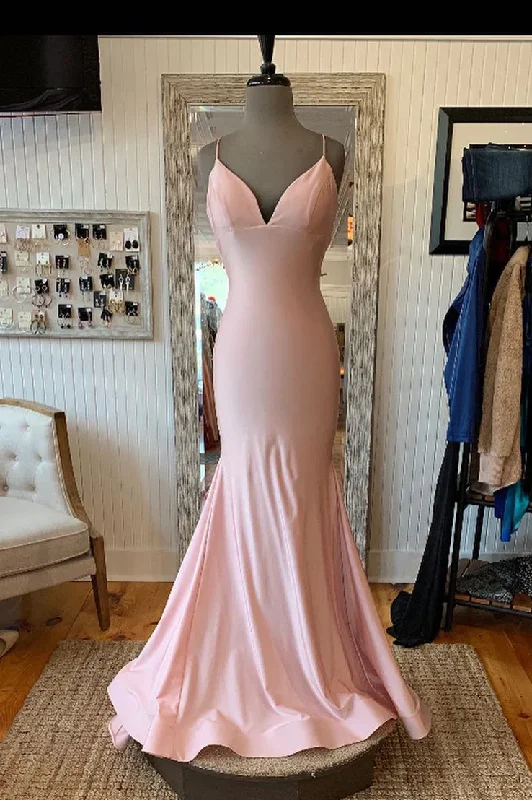 women's sleeveless dressesElegant Mermaid V Neck Lace-Up Back Pink Long Prom Dress Y1528 women's sleeveless dressesElegant Mermaid V Neck Lace-Up Back Pink Long Prom Dress Y1528