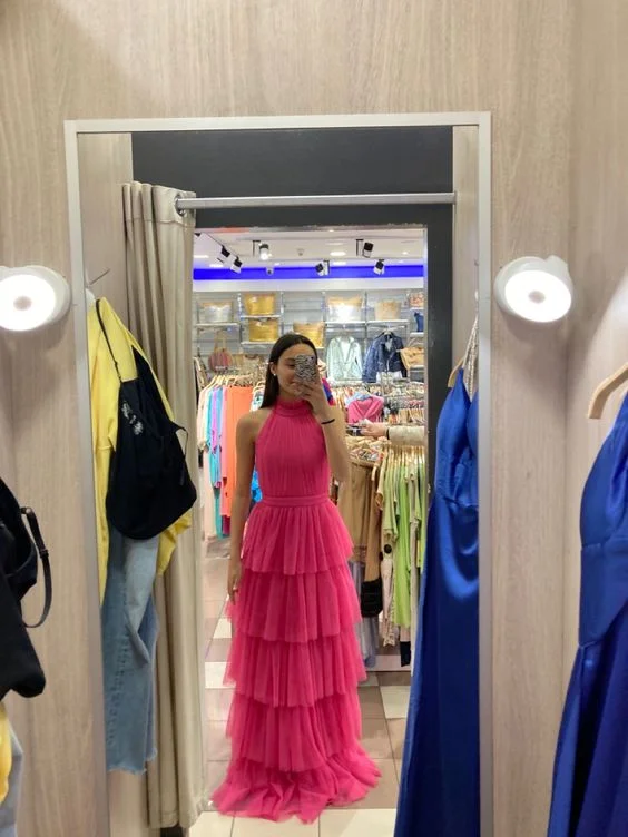 women's smart casual dressesHalter Tulle Long Prom Dress,Elegant Formal Gown Y1994