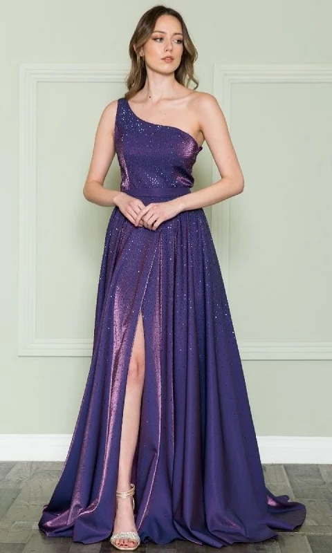 women's neon dressesOne-Shoulder Long A-Line Prom Gown: Poly USA 8914