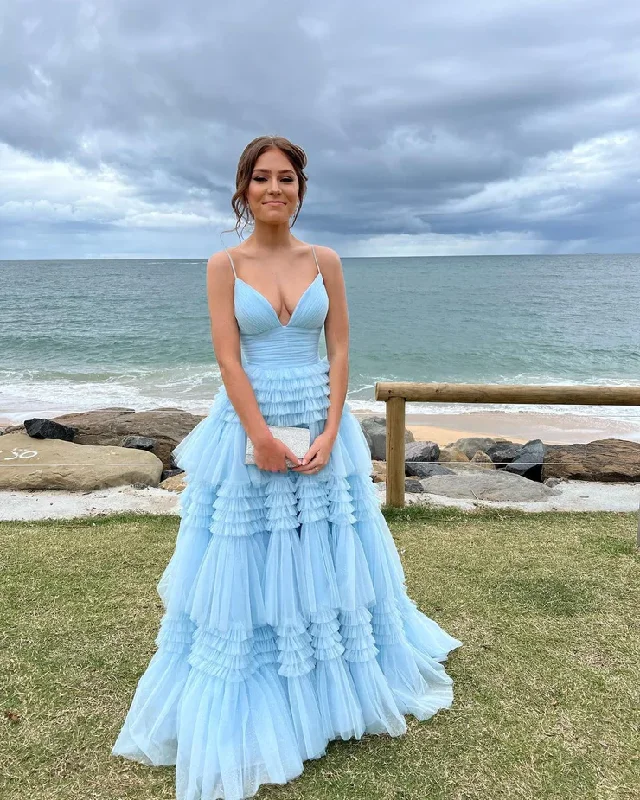 Cut-Out DressCharming A Line V Neck Light Blue Tulle Long Prom Dresses Y1477