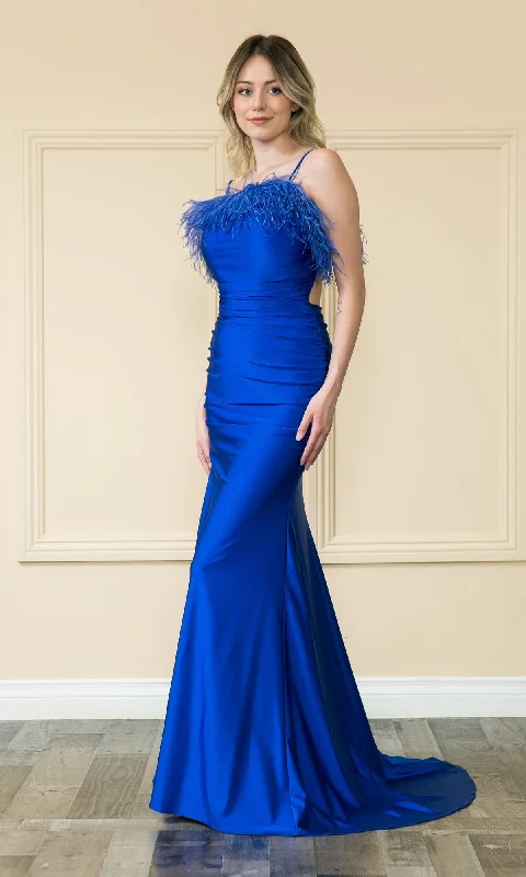 women's trendy dressesOpen-Back Long Feathered Prom Dress 9070