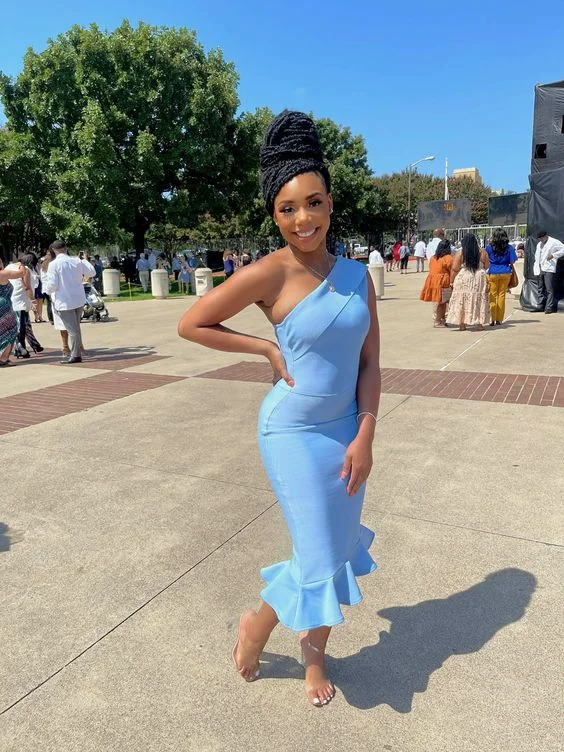 women's bridesmaid dressesElegant Graduation Outfit Dress,Blue One Shoulder Prom Dress  Y2007