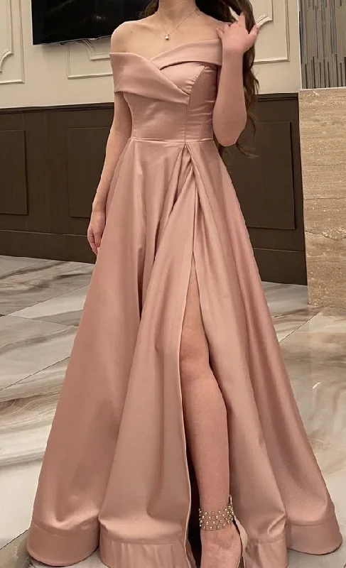 women's evening dressesOff The Shoulder Satin Long Prom Dress,Simple Graduation Dress Y1936