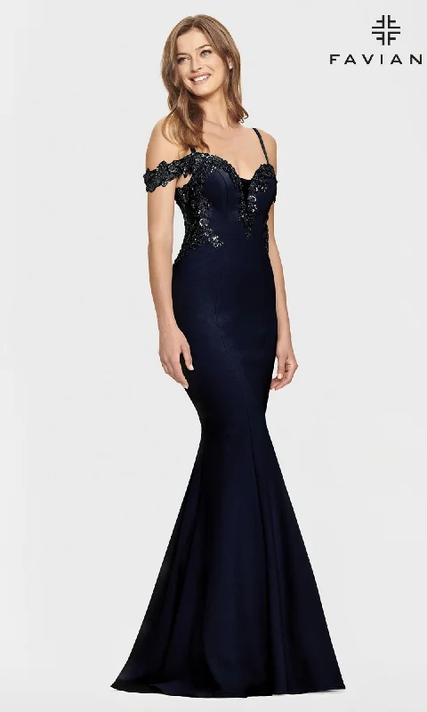 Metallic DressFaviana Cold-Shoulder Navy Blue Prom Dress S10866