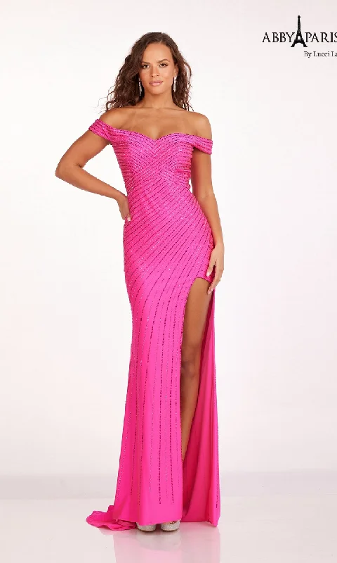 Striped DressOff-the-Shoulder Beaded Prom Dress: Abby Paris 90214