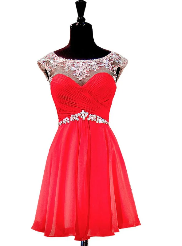 women's satin dressesCap Sleeve Beaded Crystals Backless Red Chiffon Homecoming Dress