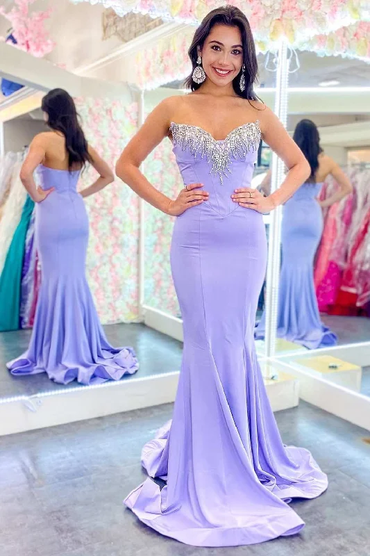Casual DressLavender Strapless Trumpet Long Formal Gown with Rhinestones