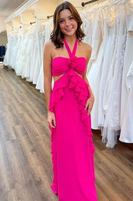 Zipper DressSiena | Halter Magenta Cut Out Ruffle Long Formal Dress
