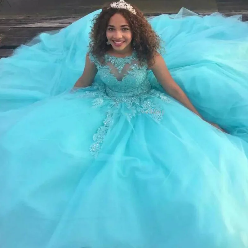 Zipper DressCap Sleeves Turquoise Blue Quinceanera Dress Lace Ball Gown Cinderella Dress Zipper DressCap Sleeves Turquoise Blue Quinceanera Dress Lace Ball Gown Cinderella Dress