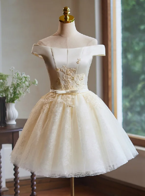 women's flowy dressesChampagne Tulle Appliques Off the Shoulder Homecoming Dress