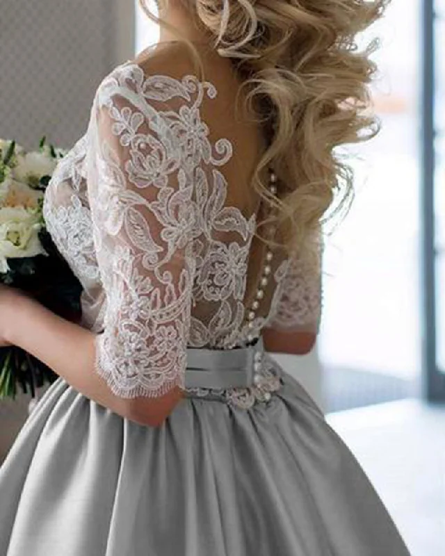 A-Line DressElegant Dust Blue /Ivory Wedding Dress with   Sleeve 2019 WD9811