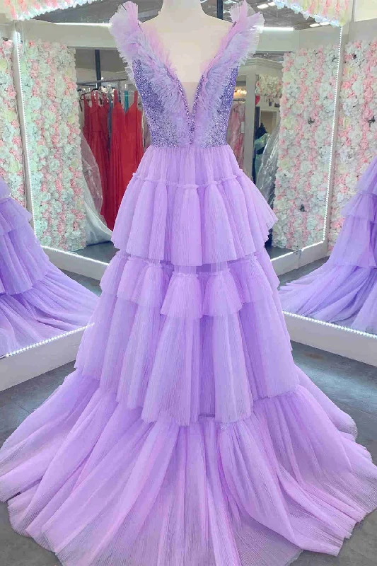 Cocktail DressStacy | Sequin Top Lavender Tiered Tulle Long Formal Dress