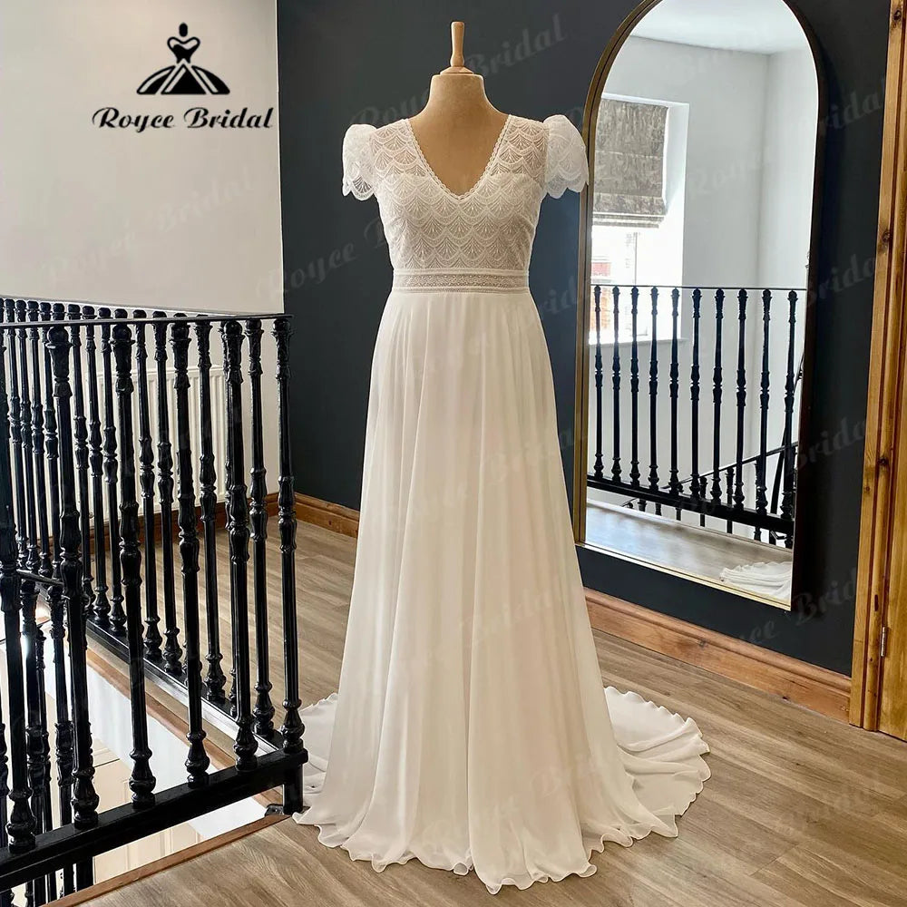 women's denim dressesVestidos Summer Beach Lace Bodice Chiffon Boho V Neck Wedding Dress with Short Cap Sleeve Bridal Gown Robe Mariee Elegant women's denim dressesVestidos Summer Beach Lace Bodice Chiffon Boho V Neck Wedding Dress with Short Cap Sleeve Bridal Gown Robe Mariee Elegant