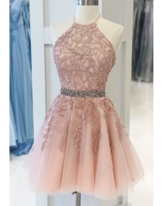 women's limited-edition dressesHalter Lace Blush Pink Homecoming Dress,Beading Semi Formal Cocktail Dress , SP07284