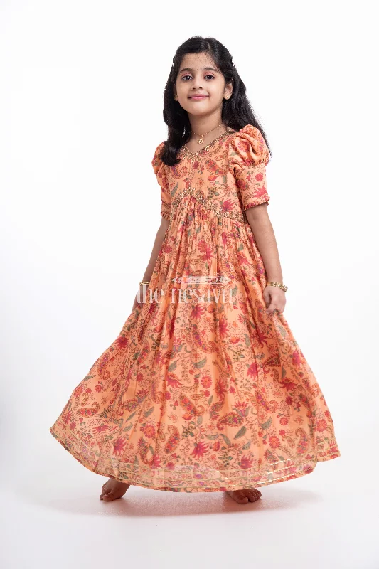 women's high-low dressesElegant Pink Floral Muslin Silk Party Gown for Girls