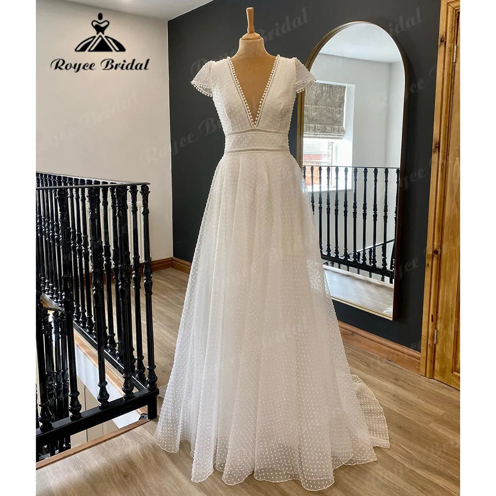 Solid Color DressRobe Plunging V Neck Bohemian Boho Polka Dots Wedding Gown for Bridal 2024 Bridal Dress with Short Cap Sleeve Vestidos de Novia Solid Color DressRobe Plunging V Neck Bohemian Boho Polka Dots Wedding Gown for Bridal 2024 Bridal Dress with Short Cap Sleeve Vestidos de Novia