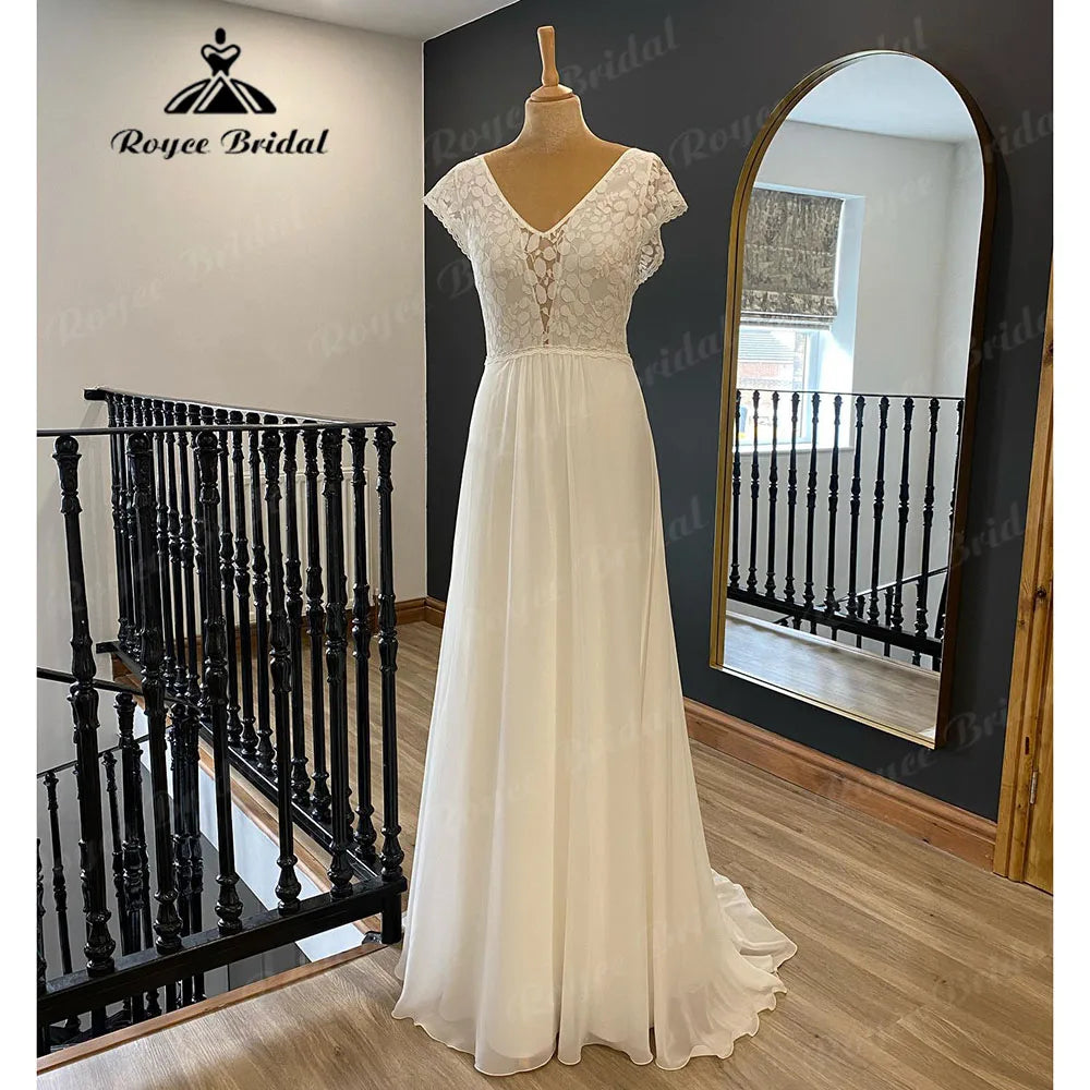 Custom DressSummer Chic Lace Bodice Chiffon Boho Beach Cap Sleeve Wedding Dress with V Neck Bridal Gown abito da sposa Civil Elegant Custom DressSummer Chic Lace Bodice Chiffon Boho Beach Cap Sleeve Wedding Dress with V Neck Bridal Gown abito da sposa Civil Elegant