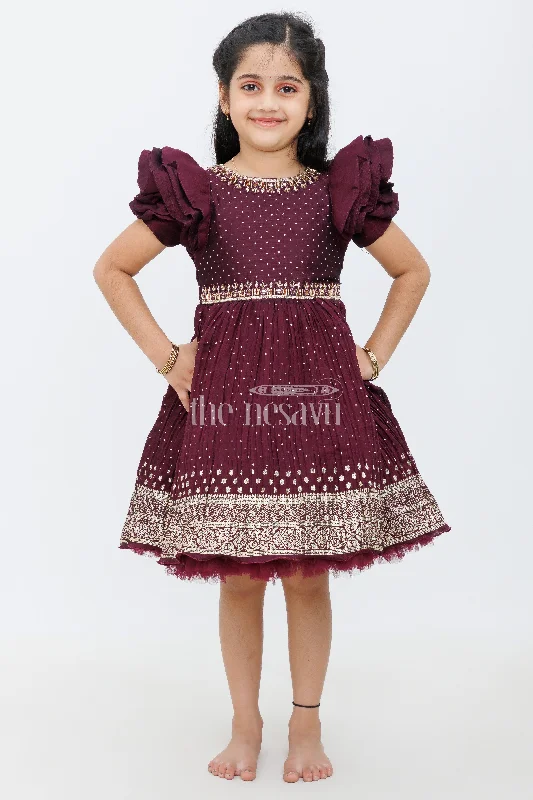 women's ruffle dressesWine Color Blended Silk Party Frock with Embroidered Neckline and Foil Print for Girls women's ruffle dressesWine Color Blended Silk Party Frock with Embroidered Neckline and Foil Print for Girls