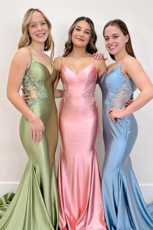 Off-The-Shoulder DressSage Green Spaghetti Strap Backless Trumpet Long Gown