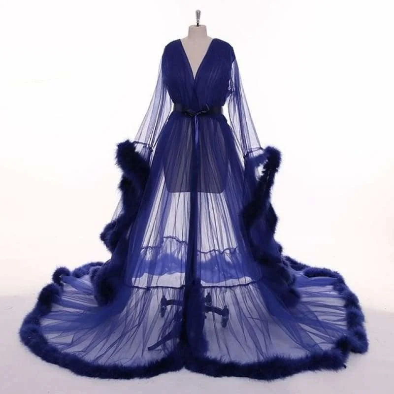 Designer DressNavy Blue Feather Long Sleeve Tulle See-through Evening Dress Gown
