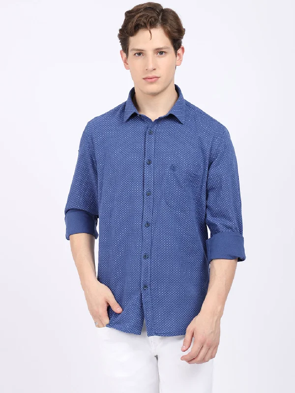 Men's Bold-Color Shirts for a Statement PieceMen's Navy Blue Casual Geometric Print Full Sleeve Shirt